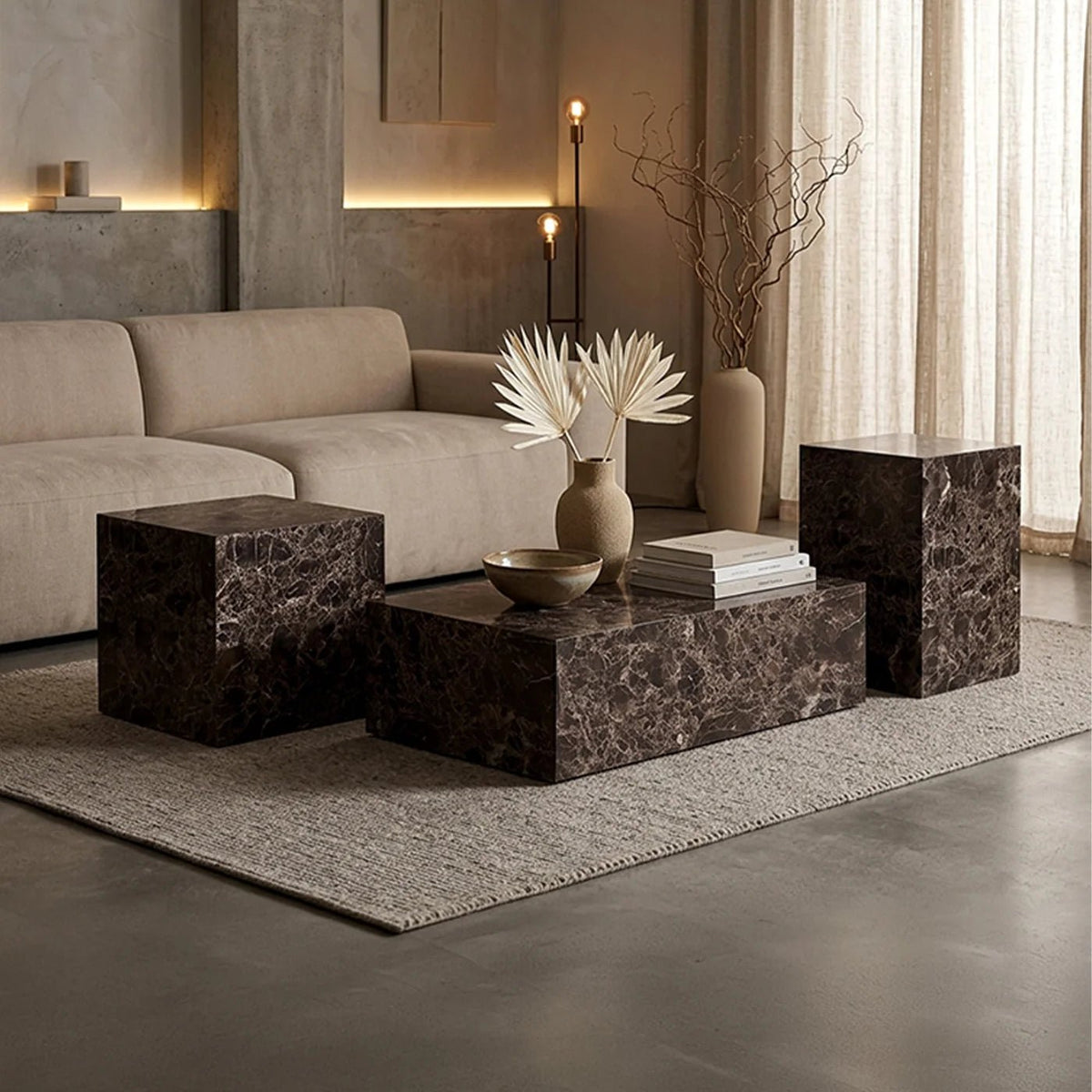 TRESA Table d'appoint en marbre d'ingénierie marron - Table basse - Mobilier Deco