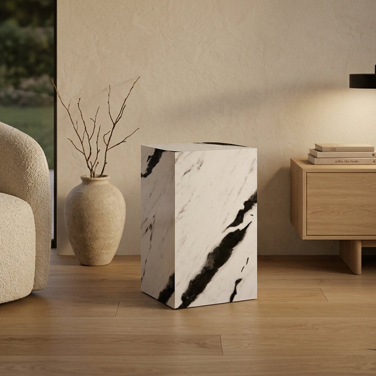 TRESA Table d'appoint marbre d'ingénierie blanc et noir - Table basse - Mobilier Deco