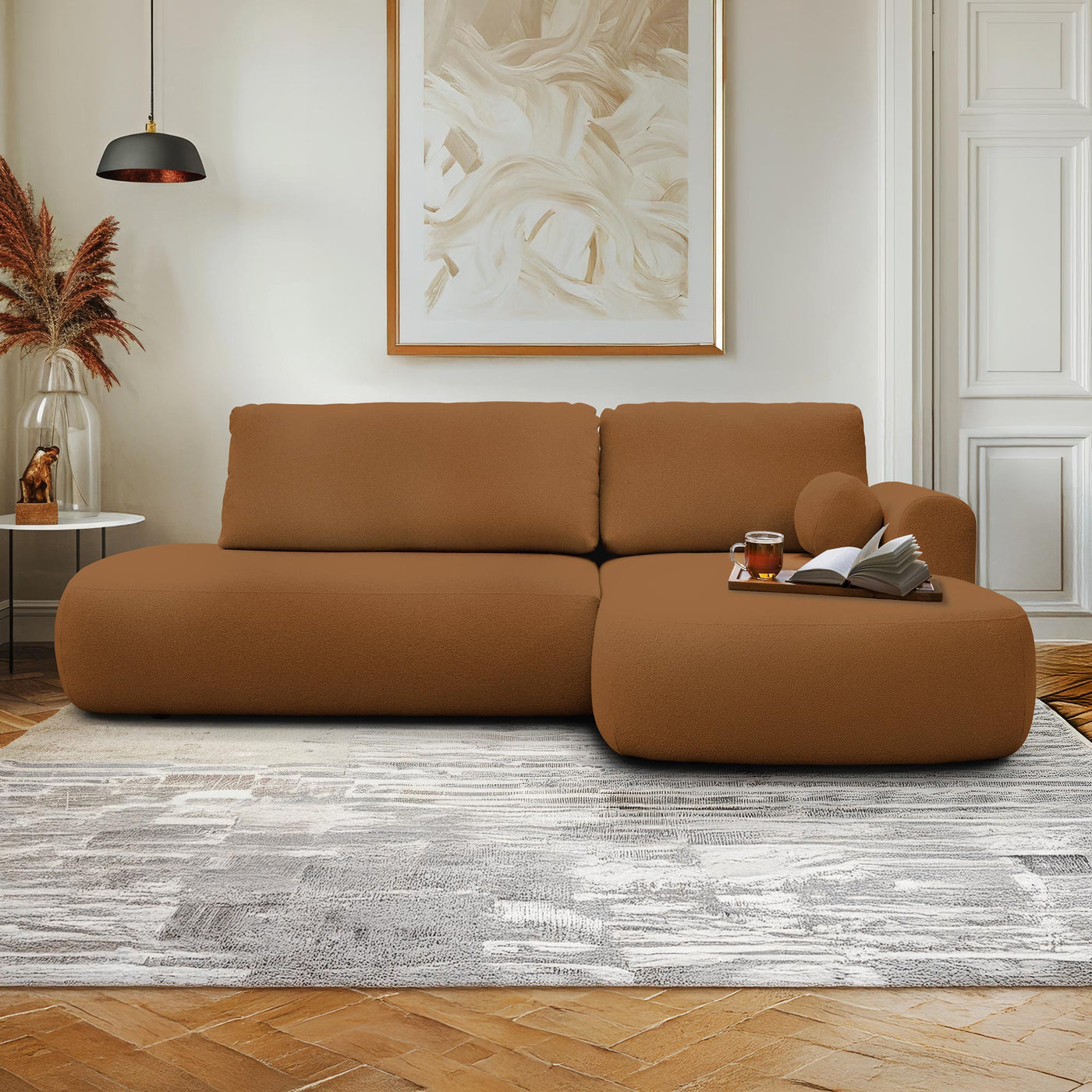 TYLAN Canapé d’angle convertible avec coffre effet peau de mouton orange - Angle droit - Canapé d'angle convertible - Mobilier Deco