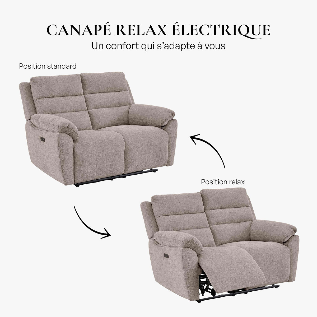 ULYA Canapé 2 places relax électrique en tissu taupe - Canapé relax - Mobilier Deco