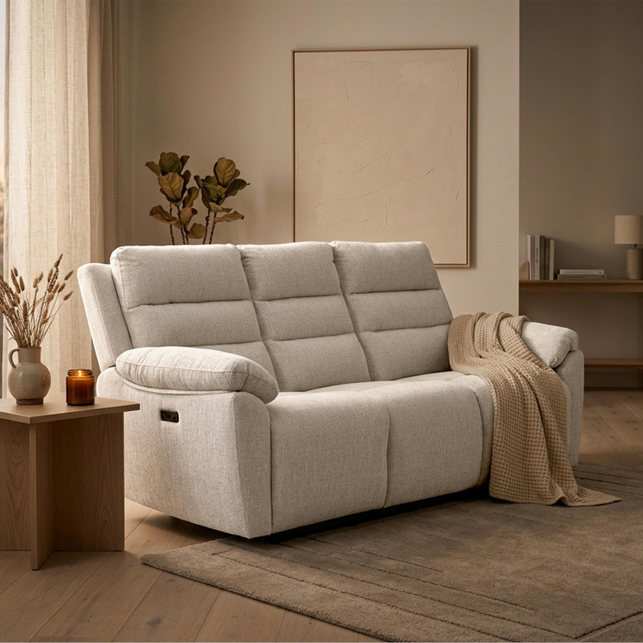 ULYA Canapé 3 places relax électrique en tissu beige — aperçu vidéo