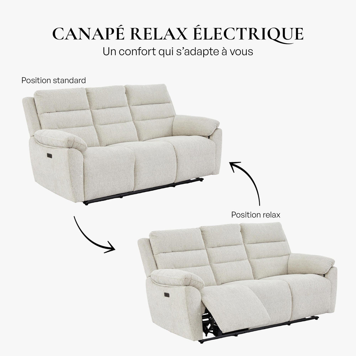 ULYA Canapé 3 places relax électrique en tissu beige - Canapé relax - Mobilier Deco