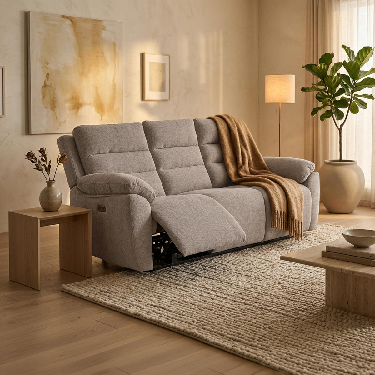 ULYA Canapé 3 places relax électrique en tissu taupe - Canapé relax - Mobilier Deco