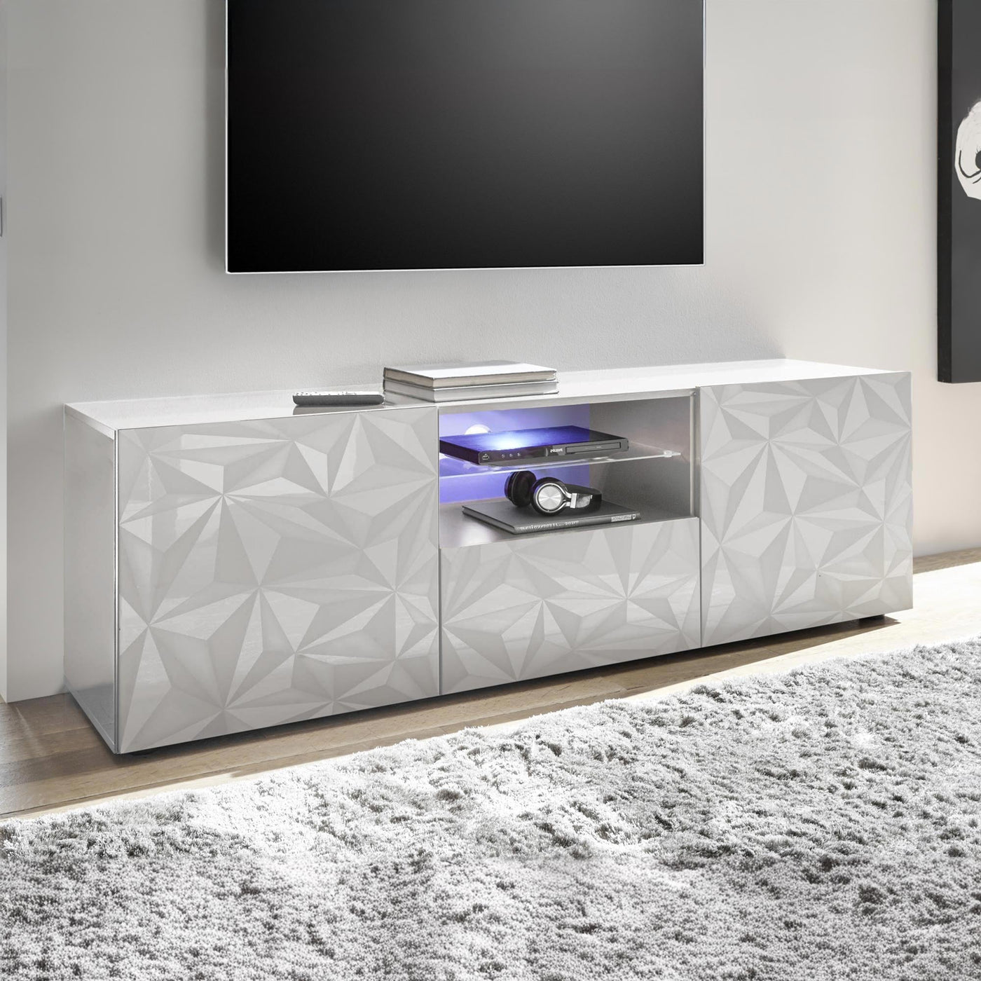 VERONA Meuble TV design 2 portes 2 niches et 1 tiroir blanc - Meuble TV - Mobilier Deco