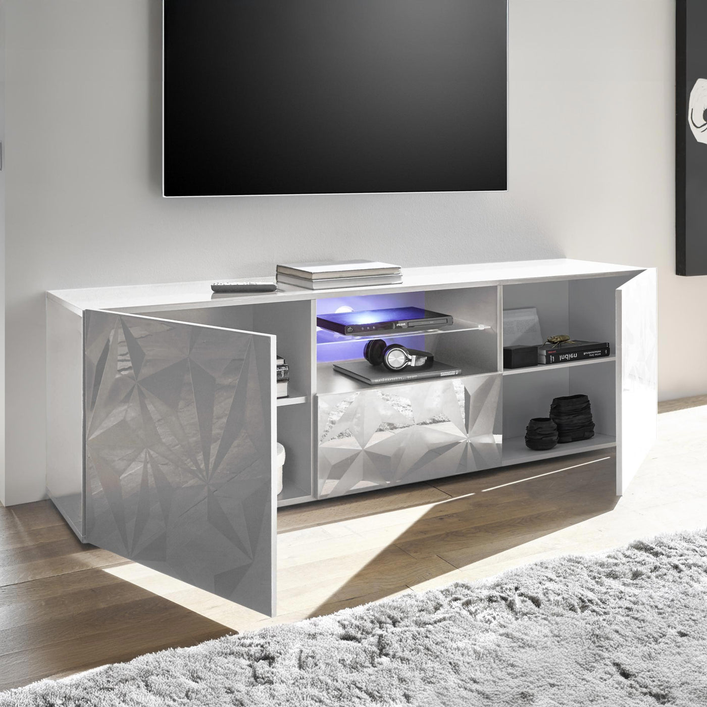 VERONA Meuble TV design 2 portes 2 niches et 1 tiroir blanc - Meuble TV - Mobilier Deco