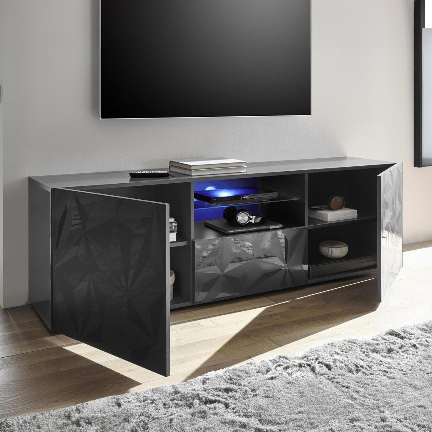 VERONA Meuble TV design 2 portes 2 niches et 1 tiroir noir - Meuble TV - Mobilier Deco