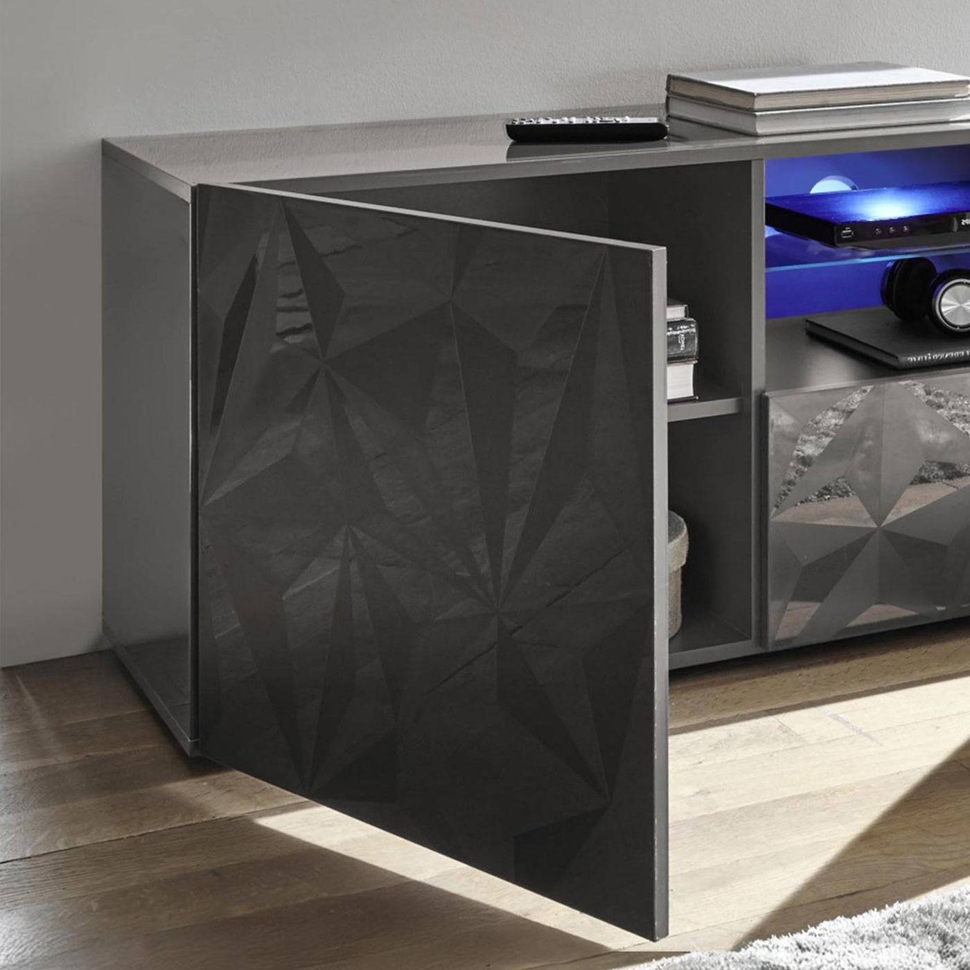 VERONA Meuble TV design 2 portes 2 niches et 1 tiroir noir - Meuble TV - Mobilier Deco