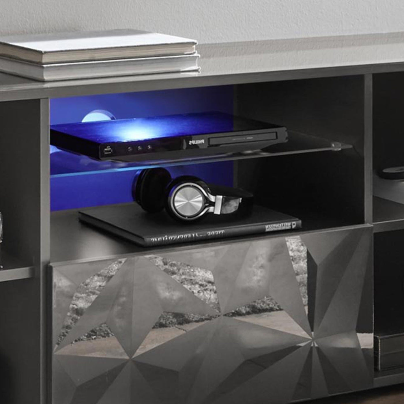 VERONA Meuble TV design 2 portes 2 niches et 1 tiroir noir - Meuble TV - Mobilier Deco