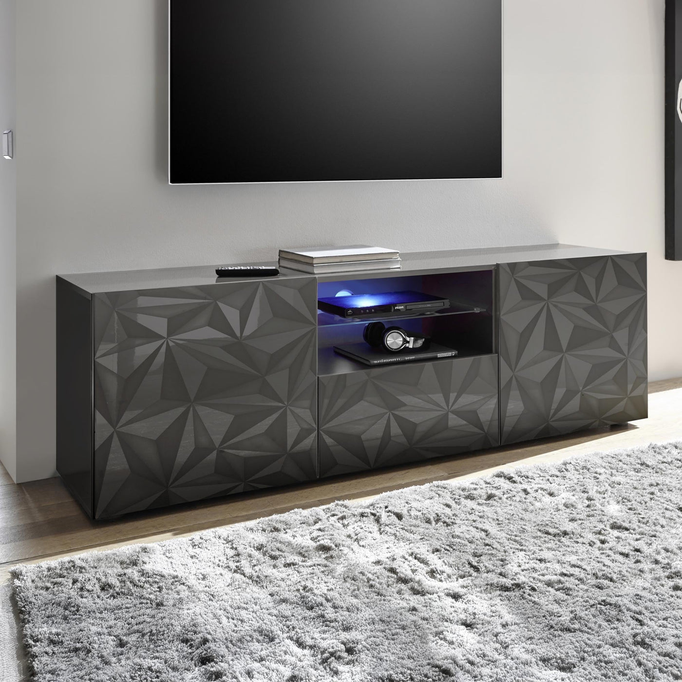 VERONA Meuble TV design 2 portes 2 niches et 1 tiroir noir - Meuble TV - Mobilier Deco