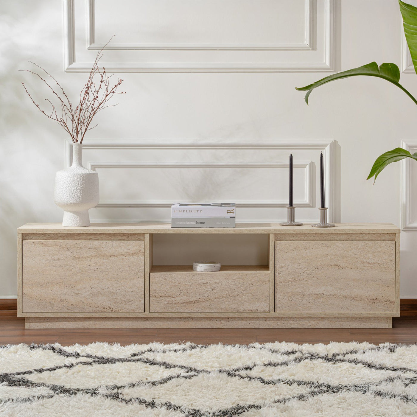 VIANA Meuble TV 3 portes 1 niche beige - Meuble TV - Mobilier Deco