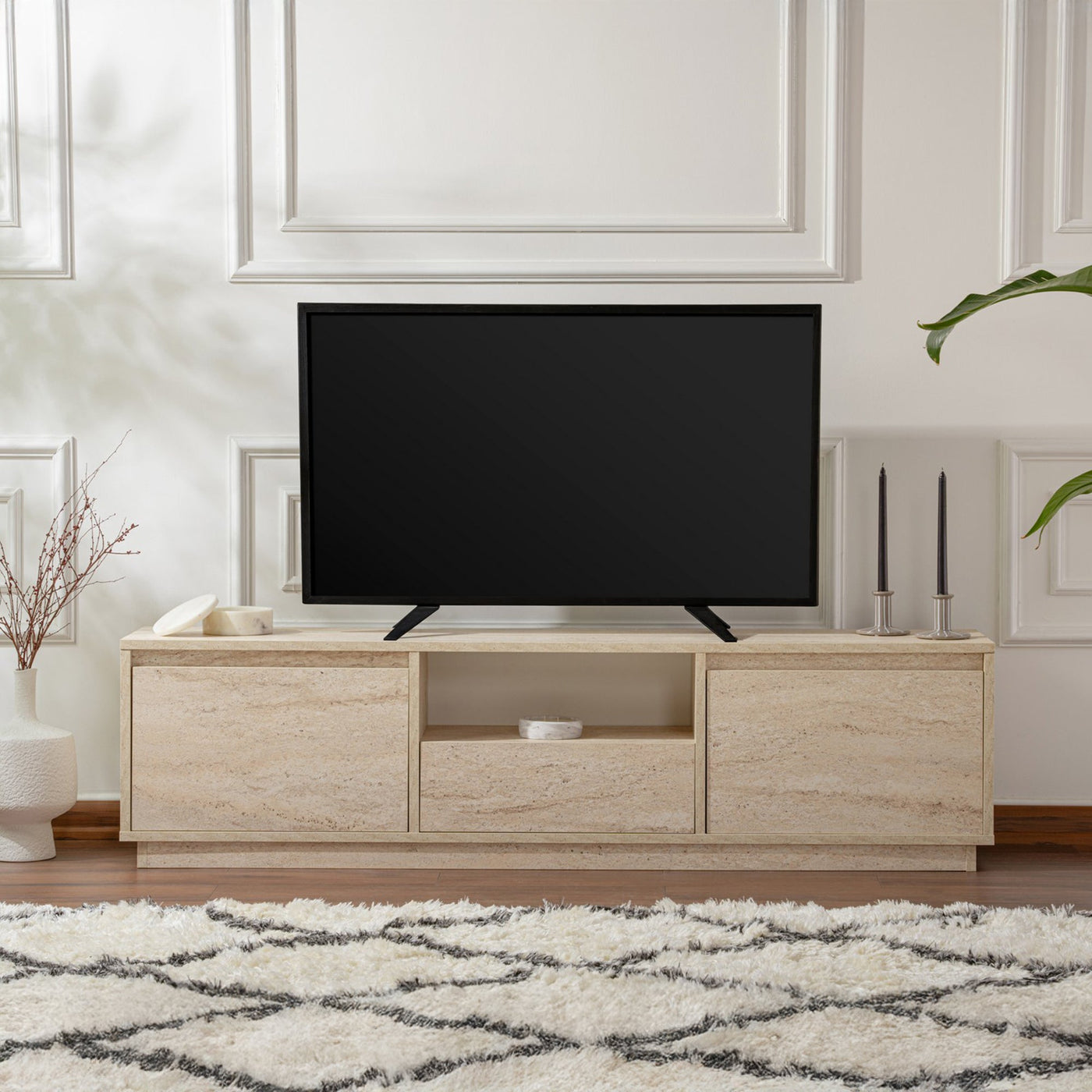VIANA Meuble TV 3 portes 1 niche beige - Meuble TV - Mobilier Deco