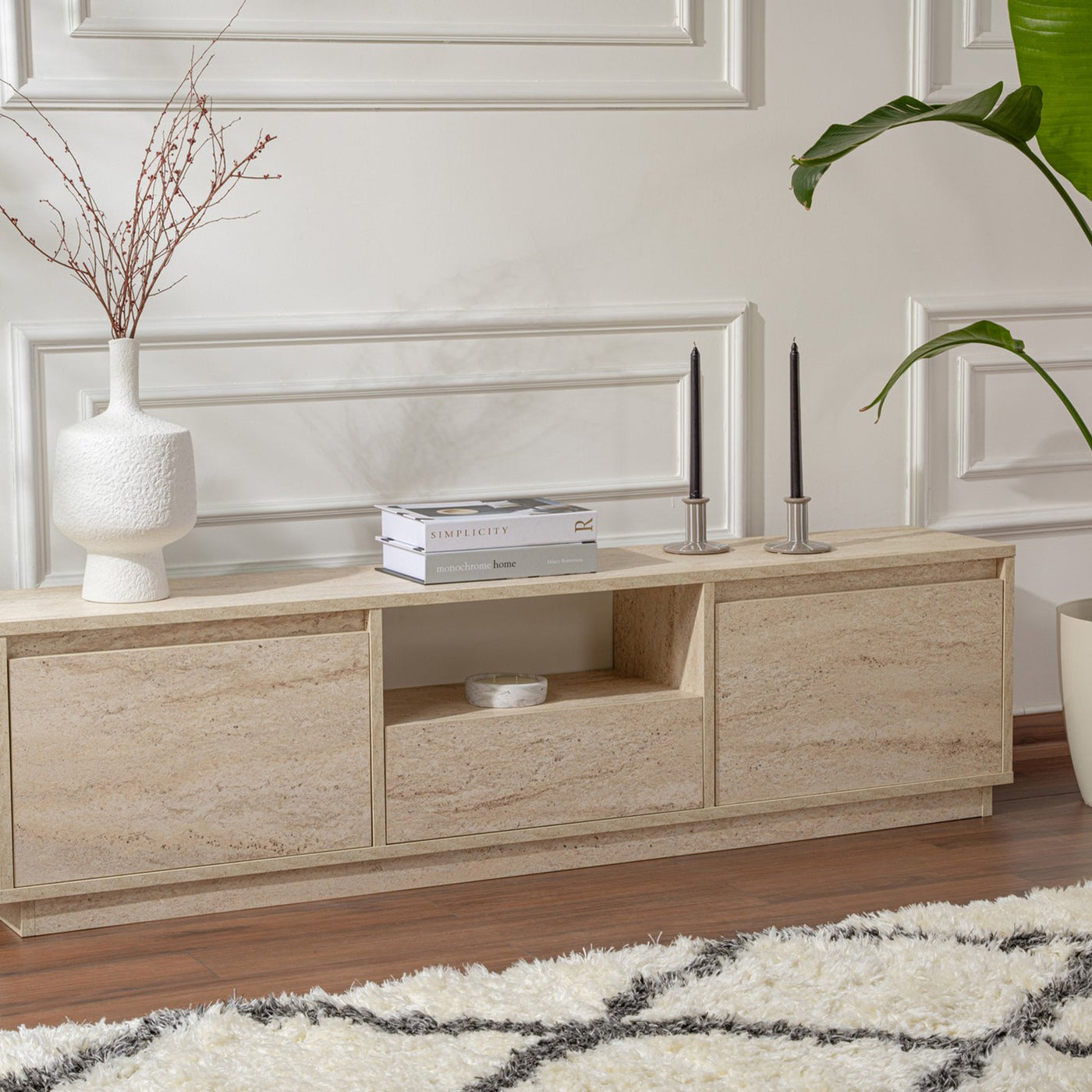 VIANA Meuble TV 3 portes 1 niche beige - Meuble TV - Mobilier Deco