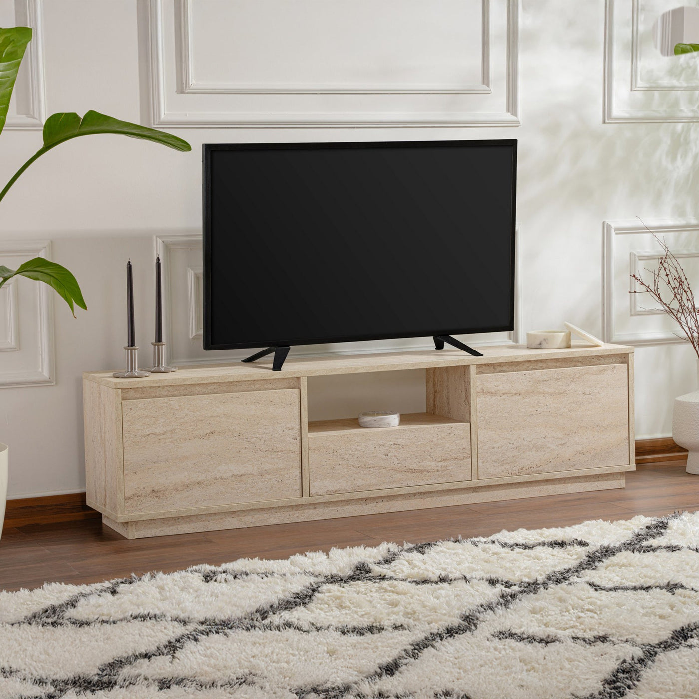 VIANA Meuble TV 3 portes 1 niche beige - Meuble TV - Mobilier Deco