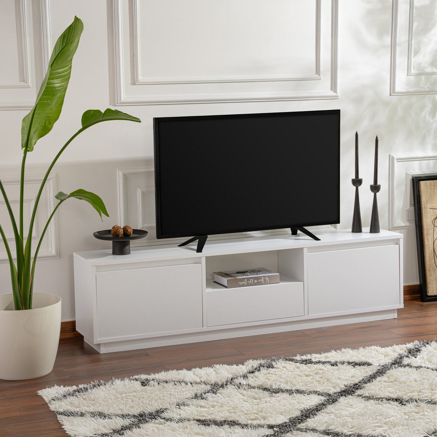 VIANA Meuble TV 3 portes 1 niche blanc - Meuble TV - Mobilier Deco