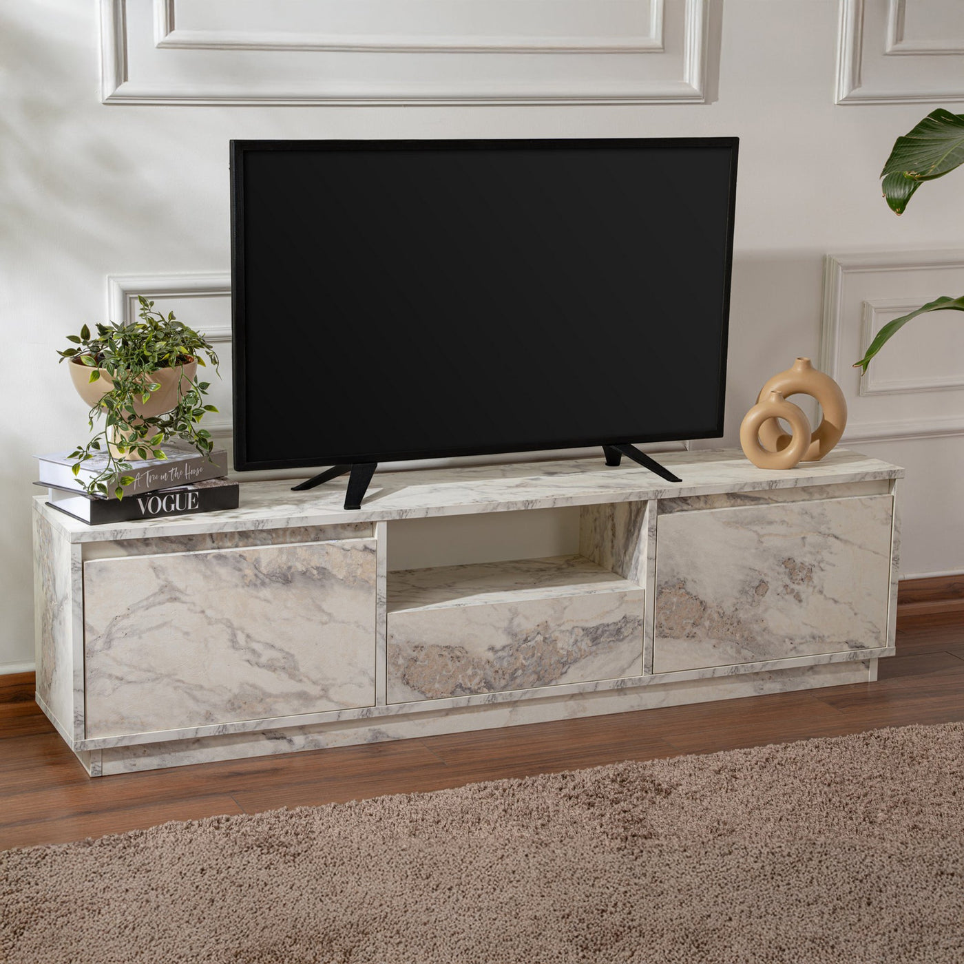 VIANA Meuble TV 3 portes 1 niche couleur marbre blanc et gris - Meuble TV - Mobilier Deco