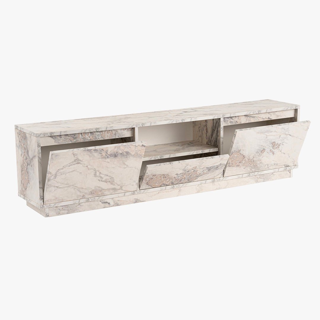 VIANA Meuble TV 3 portes 1 niche couleur marbre blanc et gris - Meuble TV - Mobilier Deco