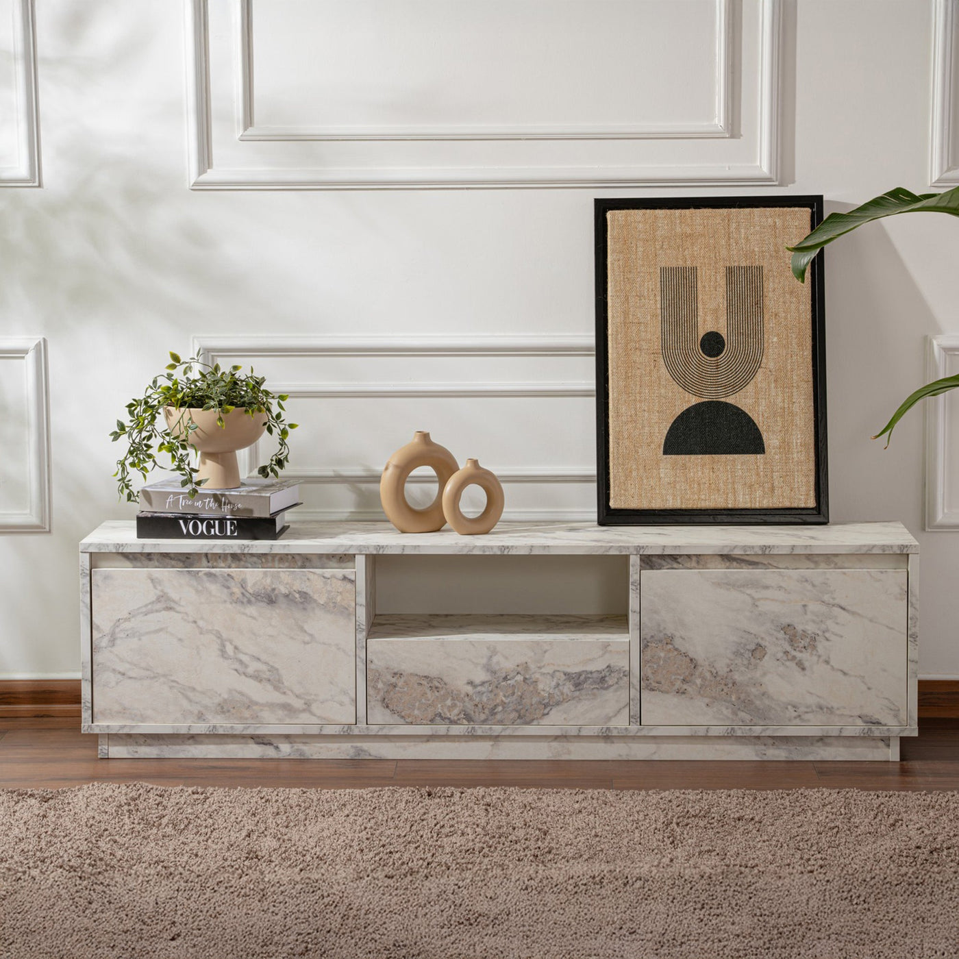 VIANA Meuble TV 3 portes 1 niche couleur marbre blanc et gris - Meuble TV - Mobilier Deco
