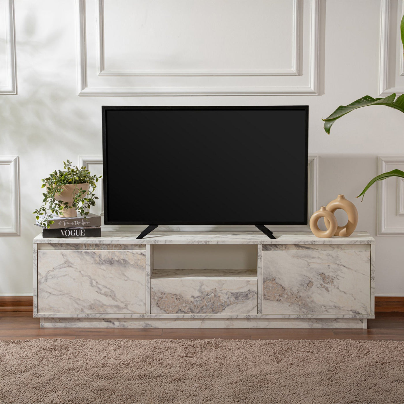 VIANA Meuble TV 3 portes 1 niche couleur marbre blanc et gris - Meuble TV - Mobilier Deco