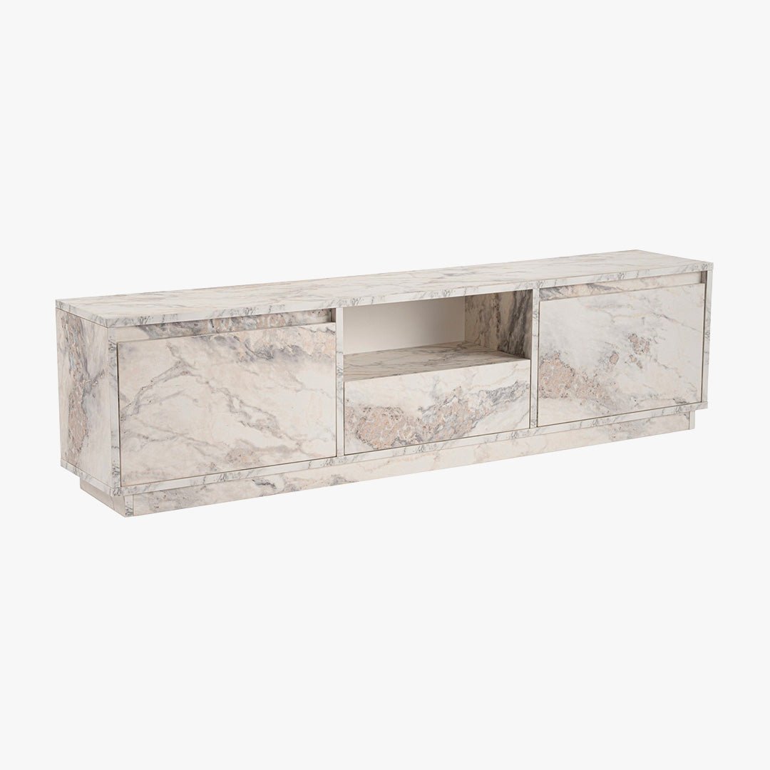 VIANA Meuble TV 3 portes 1 niche couleur marbre blanc et gris - Meuble TV - Mobilier Deco