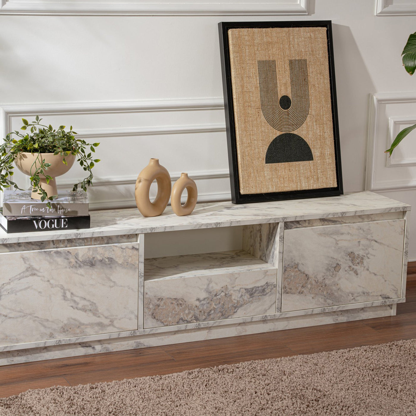 VIANA Meuble TV 3 portes 1 niche couleur marbre blanc et gris - Meuble TV - Mobilier Deco