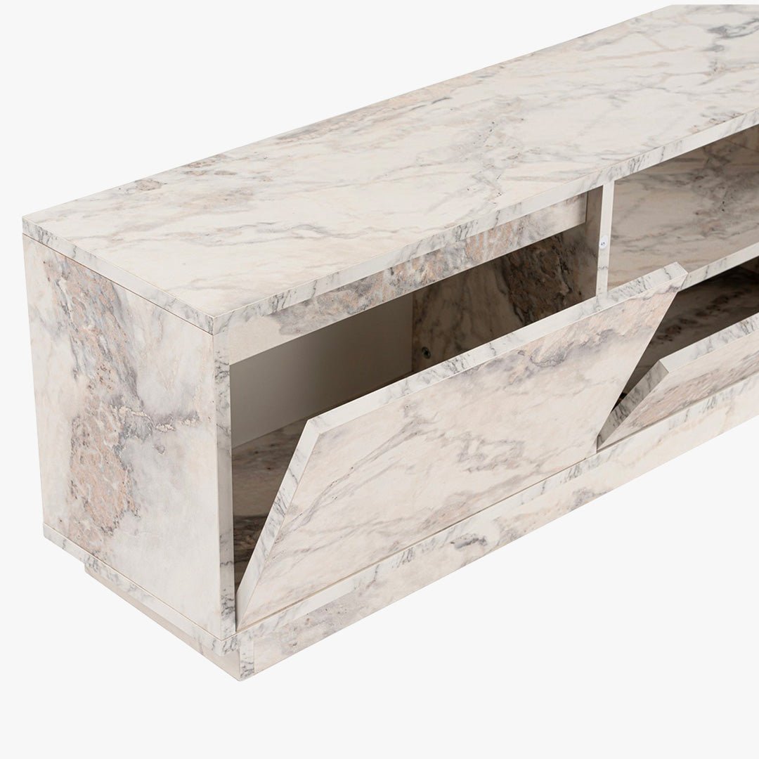 VIANA Meuble TV 3 portes 1 niche couleur marbre blanc et gris - Meuble TV - Mobilier Deco