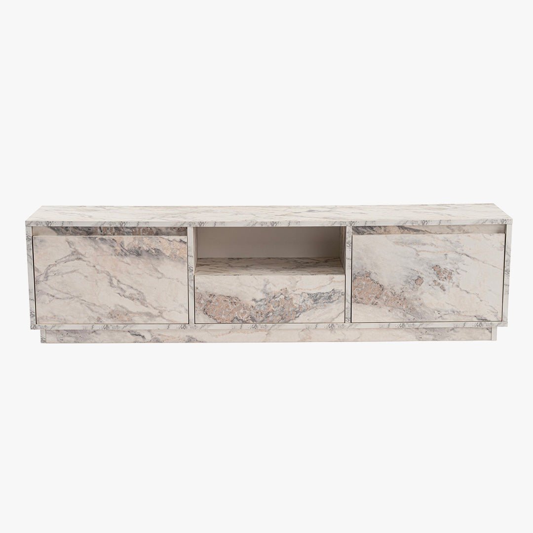 VIANA Meuble TV 3 portes 1 niche couleur marbre blanc et gris - Meuble TV - Mobilier Deco