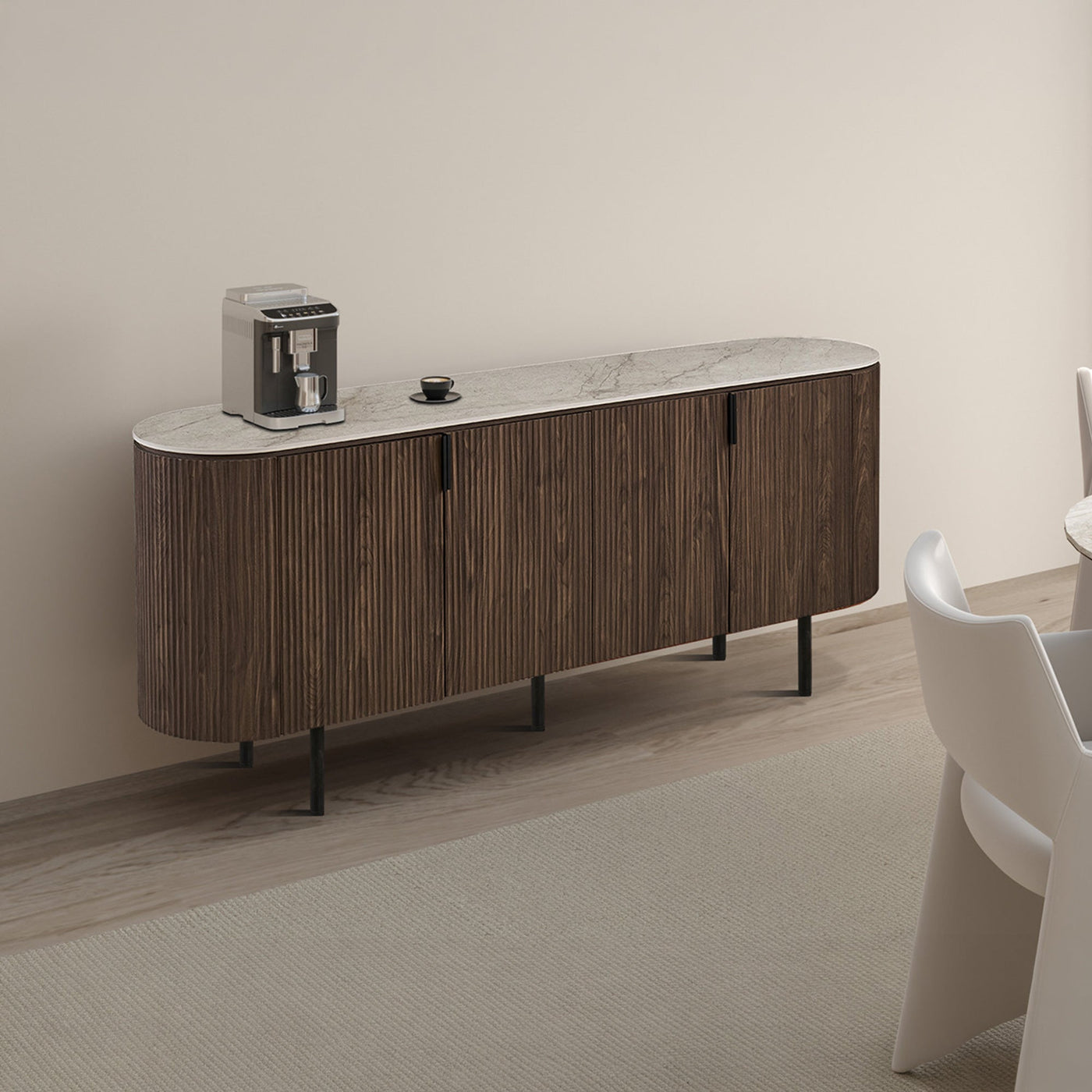 VIGO Buffet 4 portes en pierre frittée beige et couleur bois foncé - Mobilier Deco