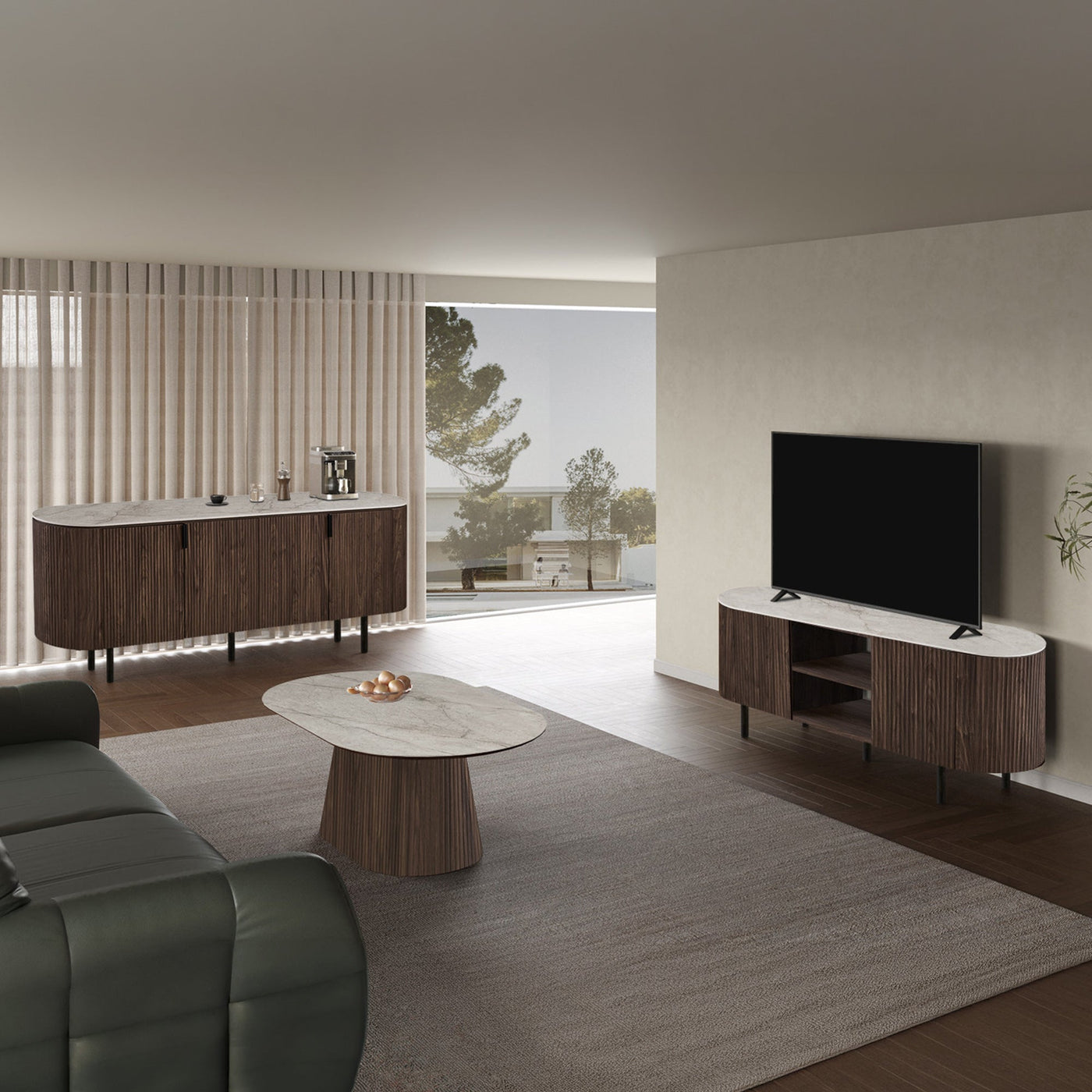 VIGO Buffet 4 portes en pierre frittée beige et couleur bois foncé - Mobilier Deco