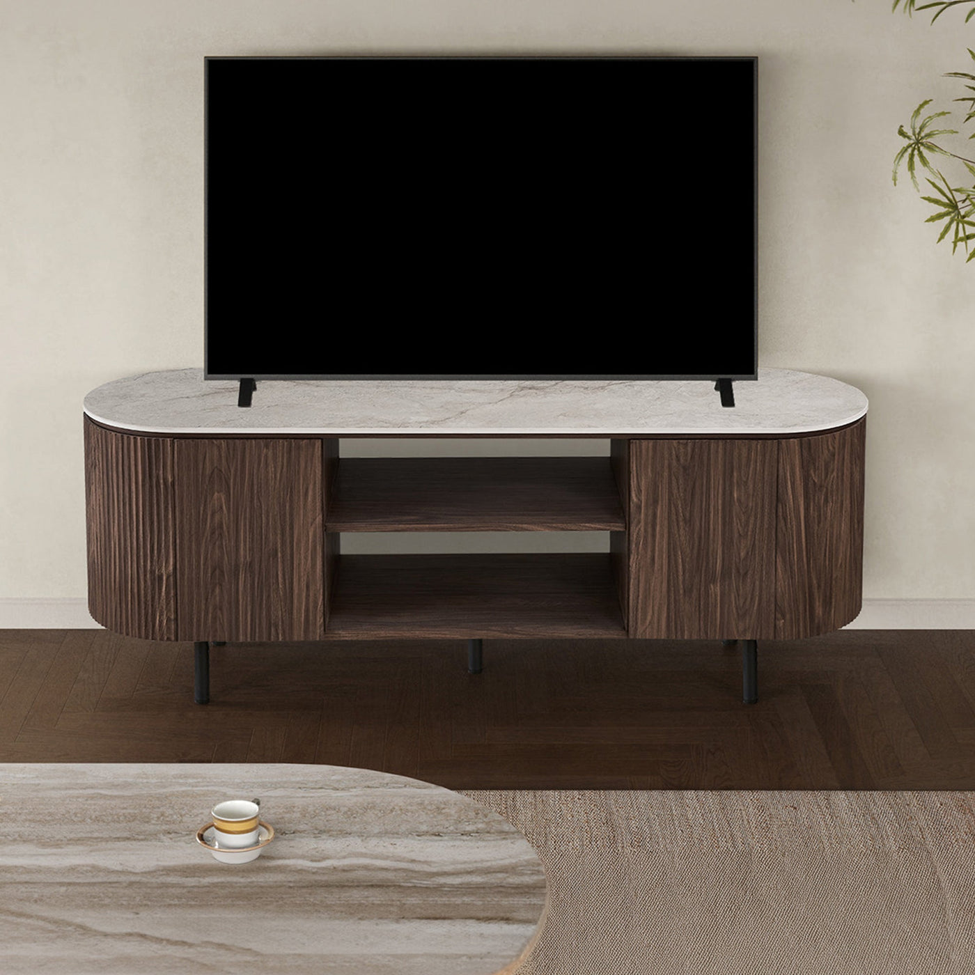VIGO Meuble TV 2 portes et 2 niches en pierre frittée beige et couleur bois foncé - Mobilier Deco