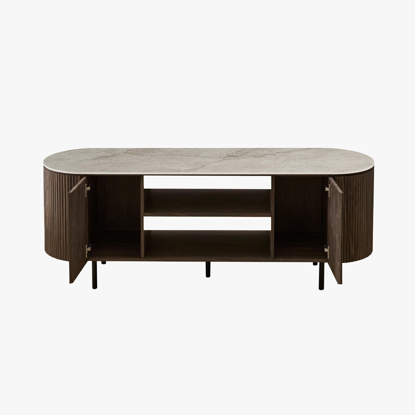 VIGO Meuble TV 2 portes et 2 niches en pierre frittée beige et couleur bois foncé - Mobilier Deco