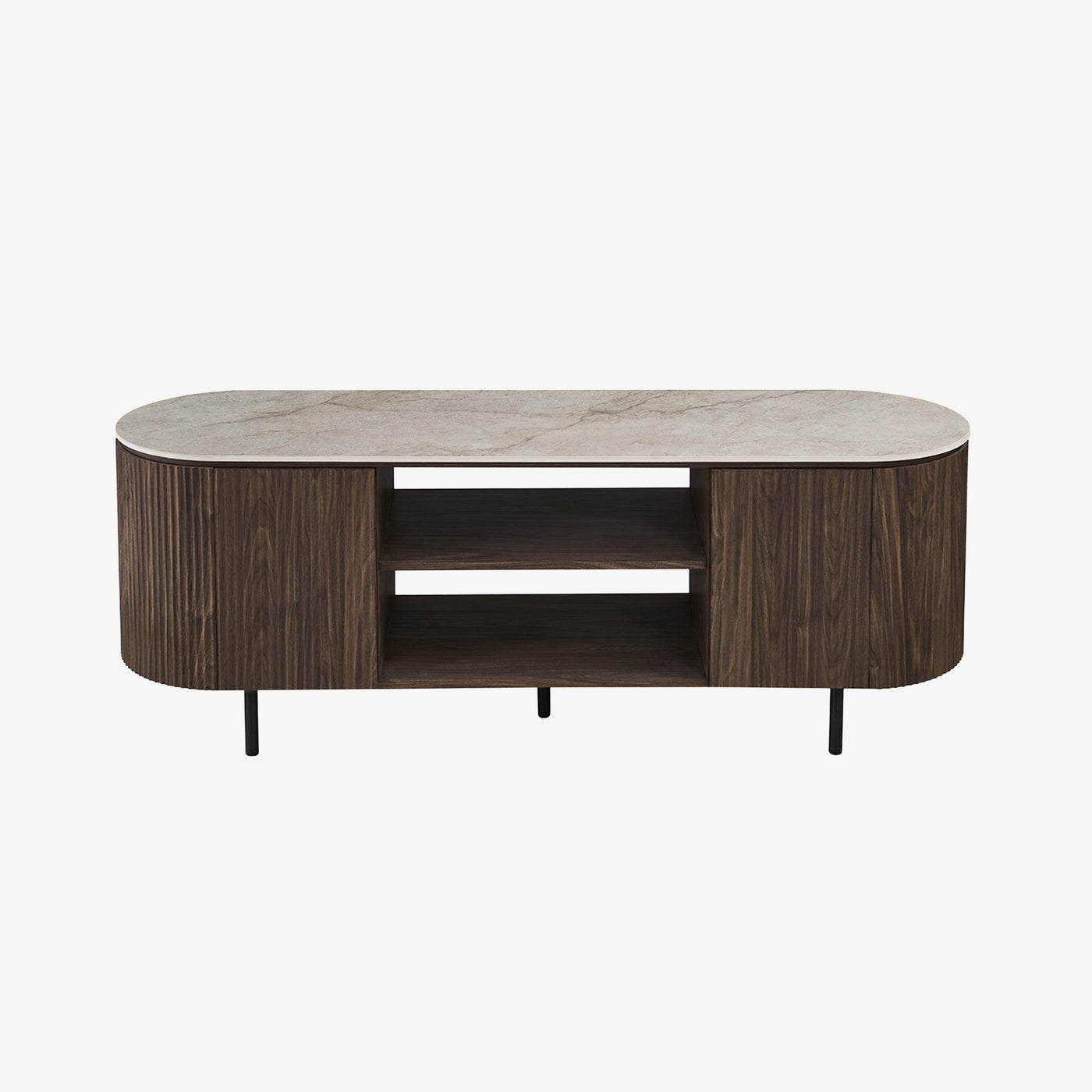 VIGO Meuble TV 2 portes et 2 niches en pierre frittée beige et couleur bois foncé - Mobilier Deco