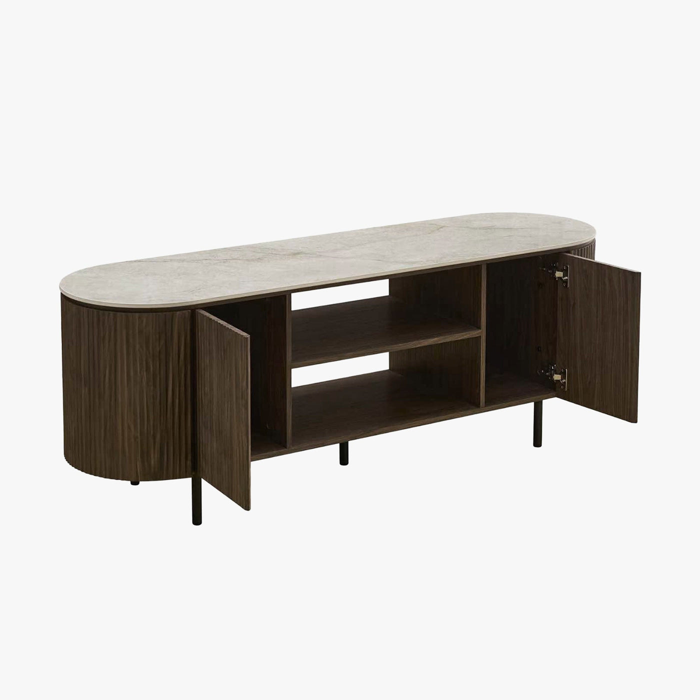 VIGO Meuble TV 2 portes et 2 niches en pierre frittée beige et couleur bois foncé - Mobilier Deco