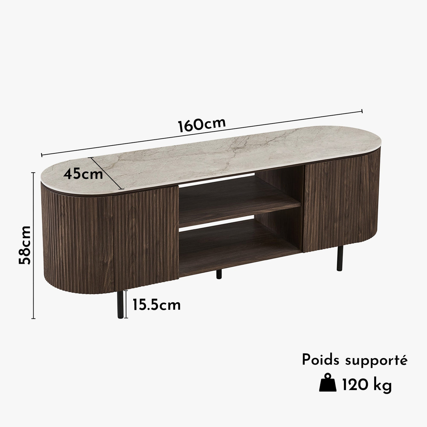 VIGO Meuble TV 2 portes et 2 niches en pierre frittée beige et couleur bois foncé - Mobilier Deco