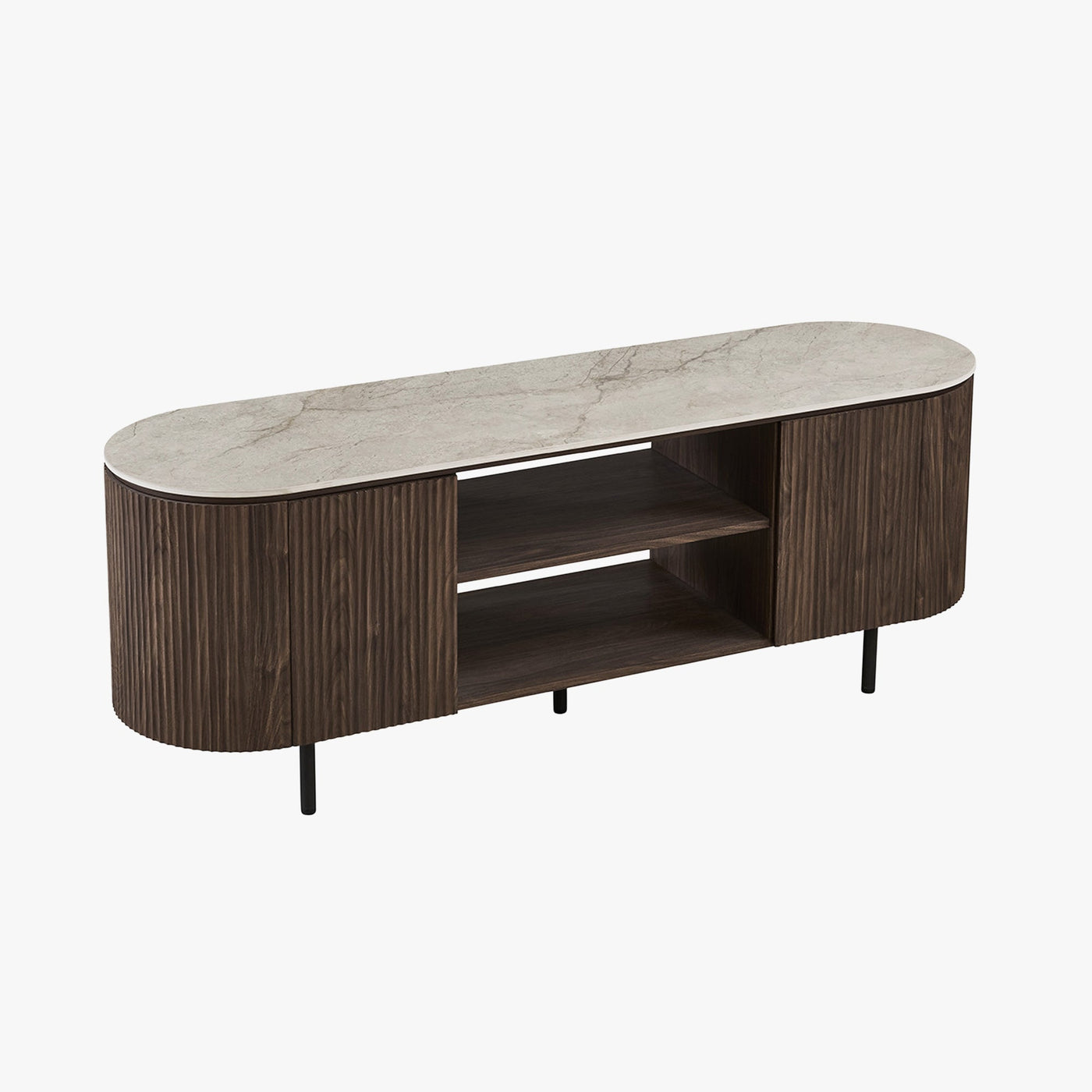 VIGO Meuble TV 2 portes et 2 niches en pierre frittée beige et couleur bois foncé - Mobilier Deco
