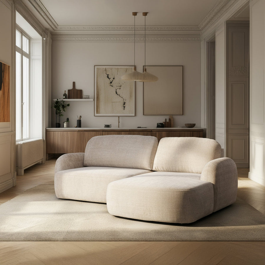 VIONA Canapé d'angle convertible avec coffre en tissu beige - Angle droit — aperçu vidéo