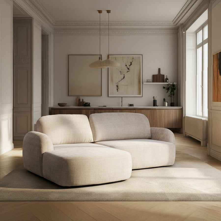 VIONA Canapé d'angle convertible avec coffre en tissu beige - Angle gauche — aperçu vidéo