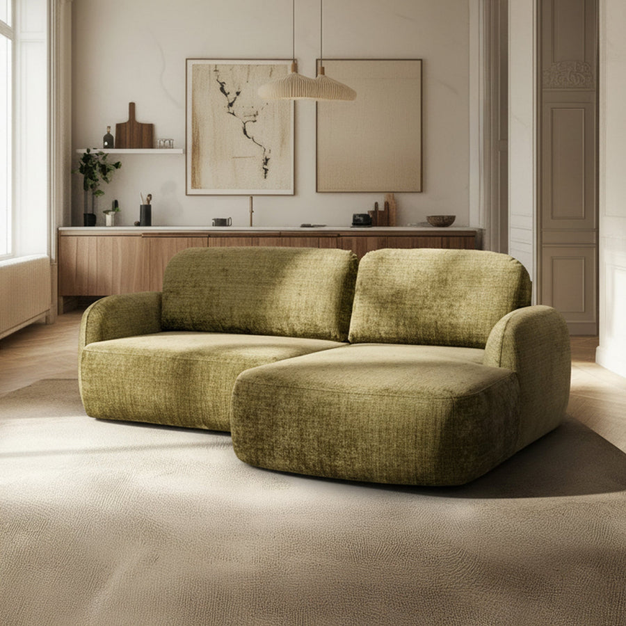 VIONA Canapé d'angle convertible avec coffre en tissu vert - Angle droit — aperçu vidéo