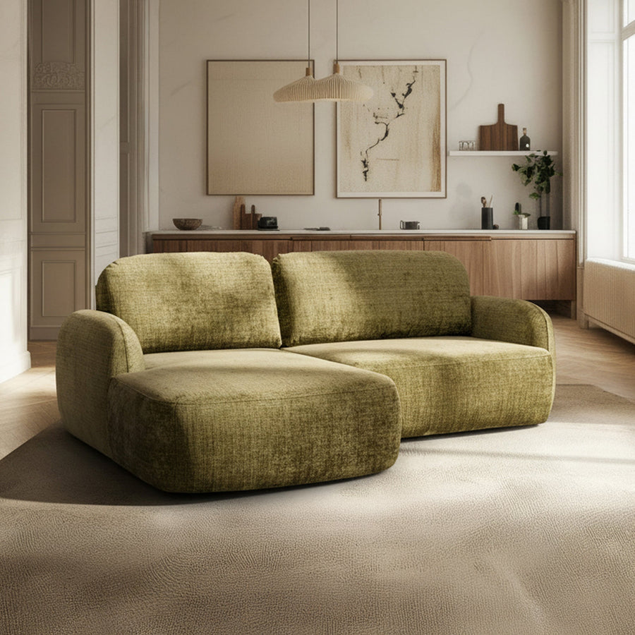 VIONA Canapé d'angle convertible avec coffre en tissu vert - Angle gauche — aperçu vidéo