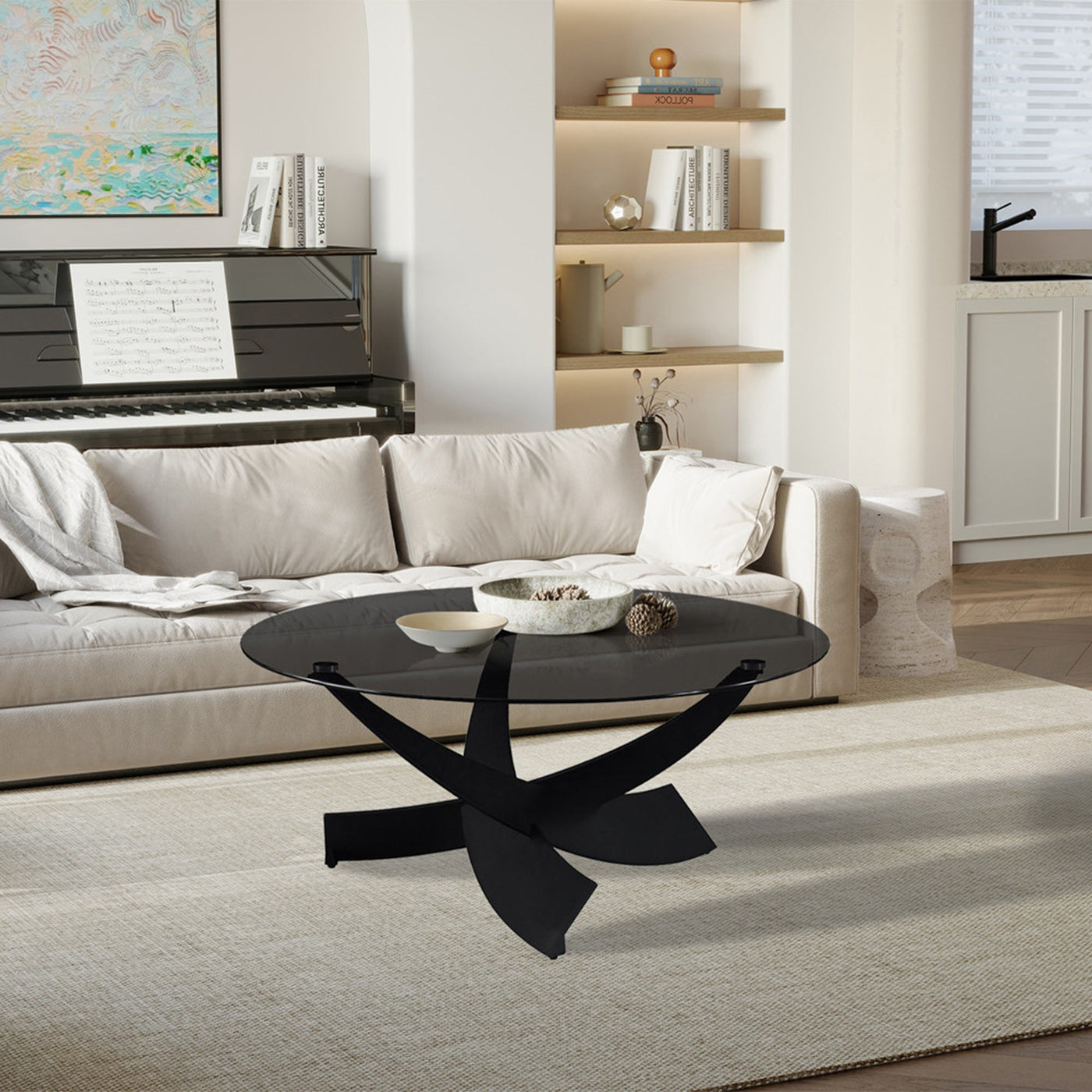 WESTON Table basse en verre teinté pieds croisés noir - Table basse - Mobilier Deco