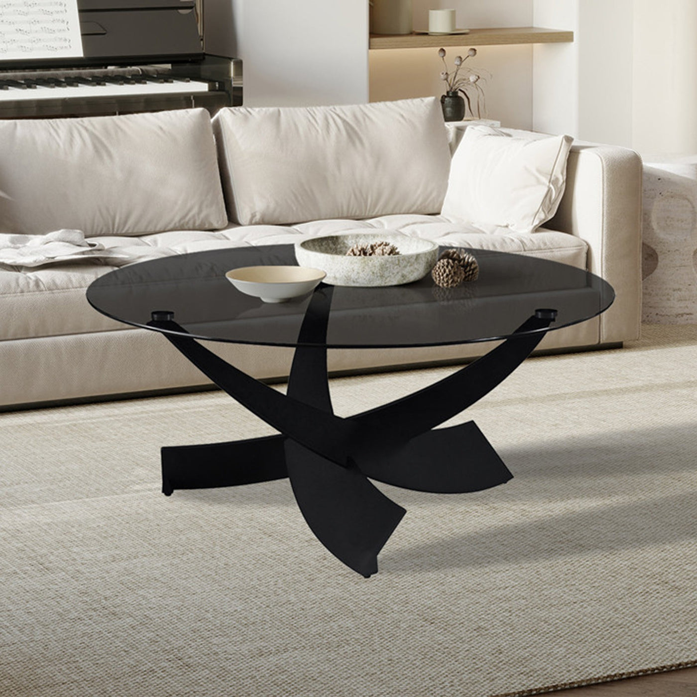 WESTON Table basse en verre teinté pieds croisés noir - Table basse - Mobilier Deco