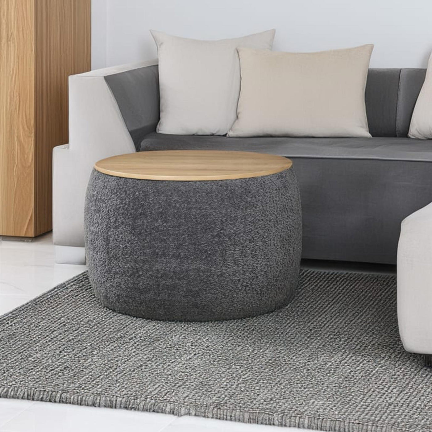 YUNIA Pouf rond coffre effet peau de mouton gris foncé - Poufs - Mobilier Deco