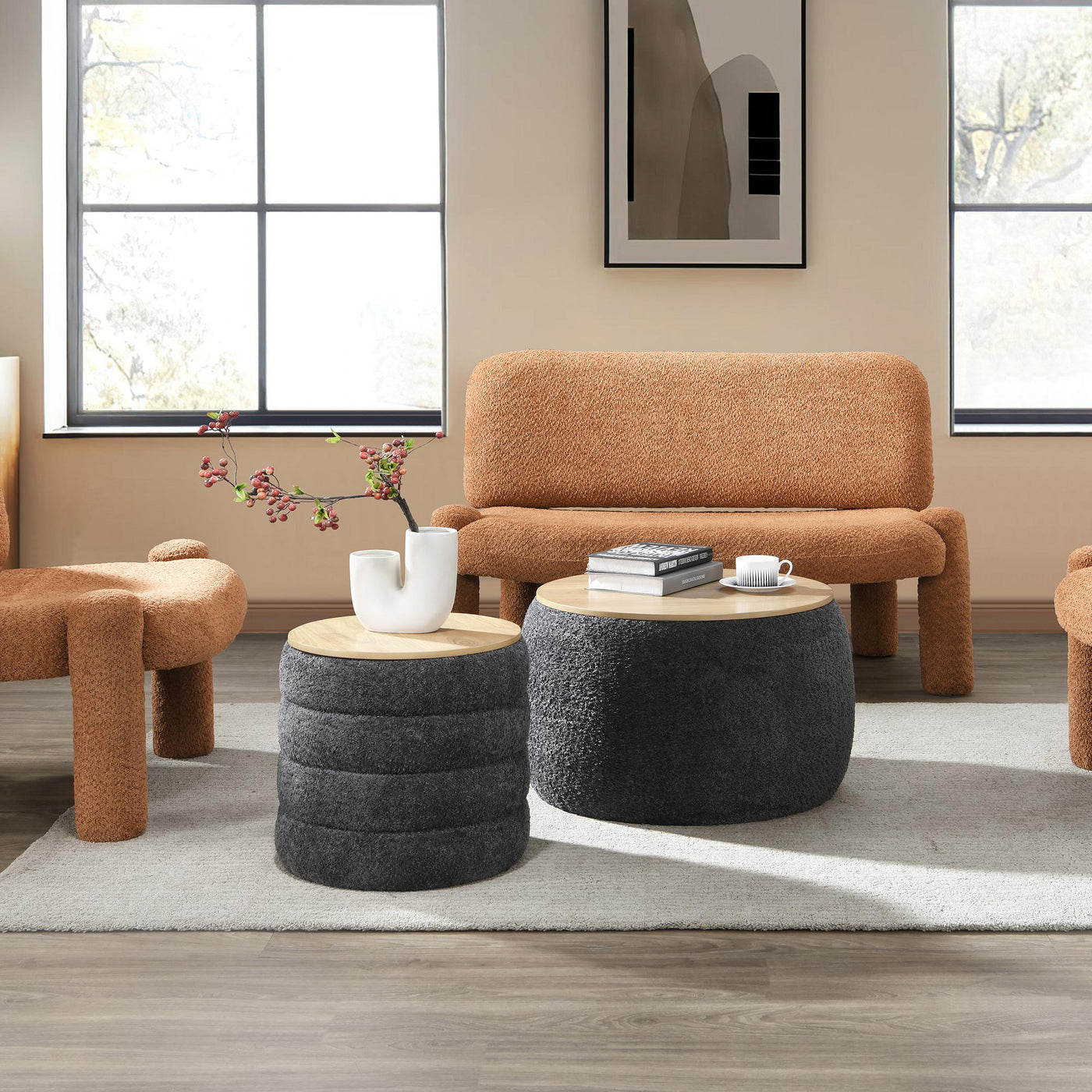 YUNIA Pouf rond coffre effet peau de mouton gris foncé - Poufs - Mobilier Deco