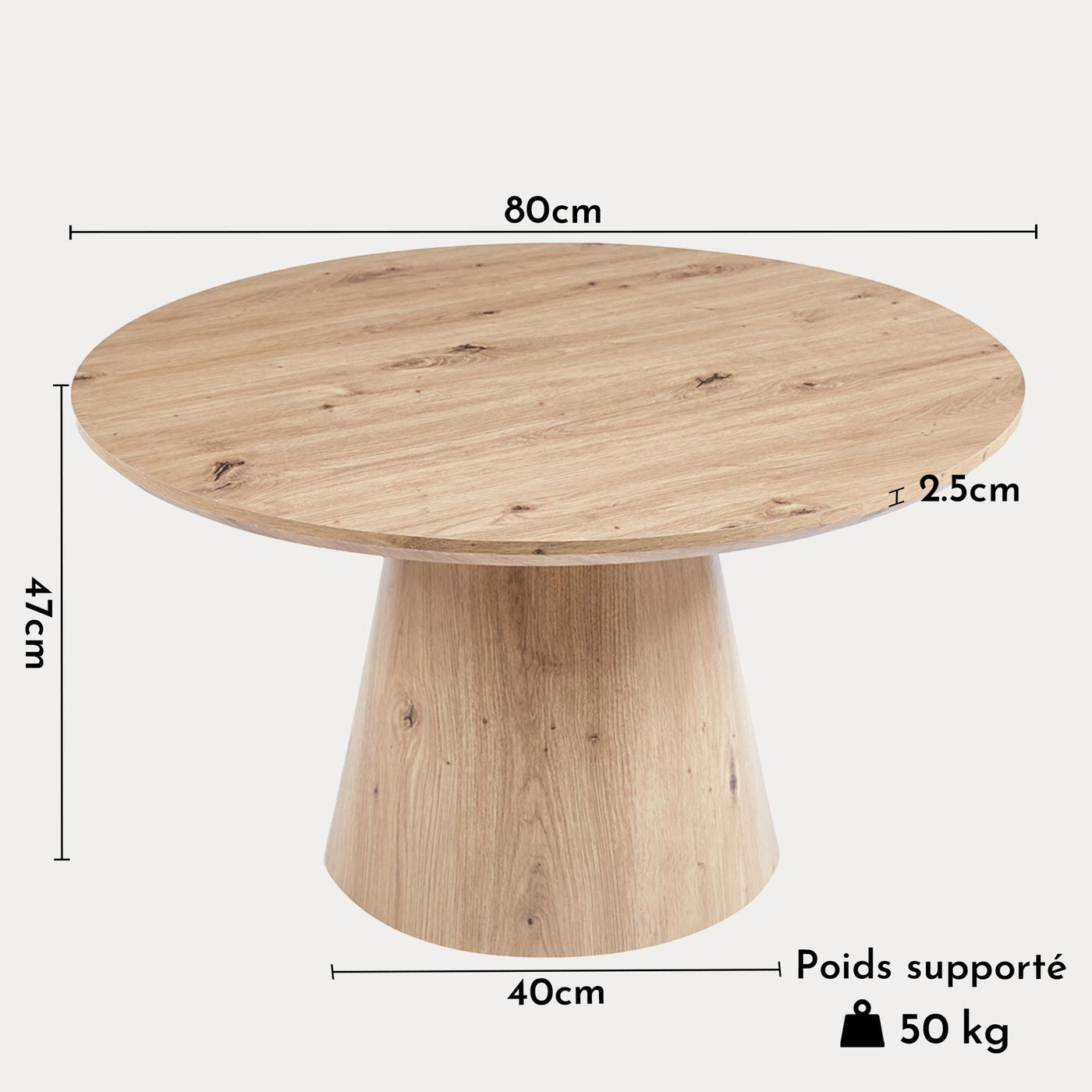 ZAYA Table basse ronde en bois couleur chêne vieilli piètement en cône - Table basse - Mobilier Deco