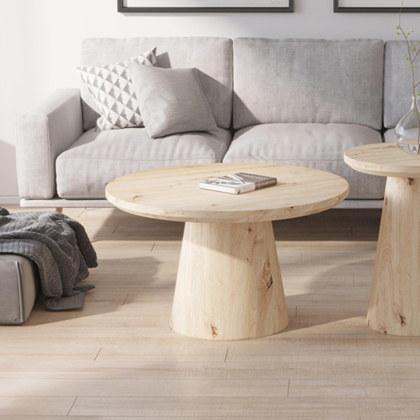 ZAYA Table basse ronde en bois couleur chêne vieilli piètement en cône - Table basse - Mobilier Deco