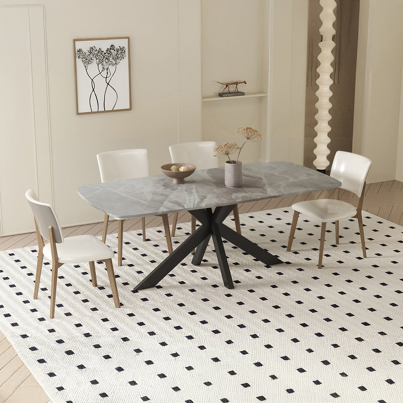 ZELIANA Table à manger pierre brillant gris pieds métal noir - Table à manger - Mobilier Deco