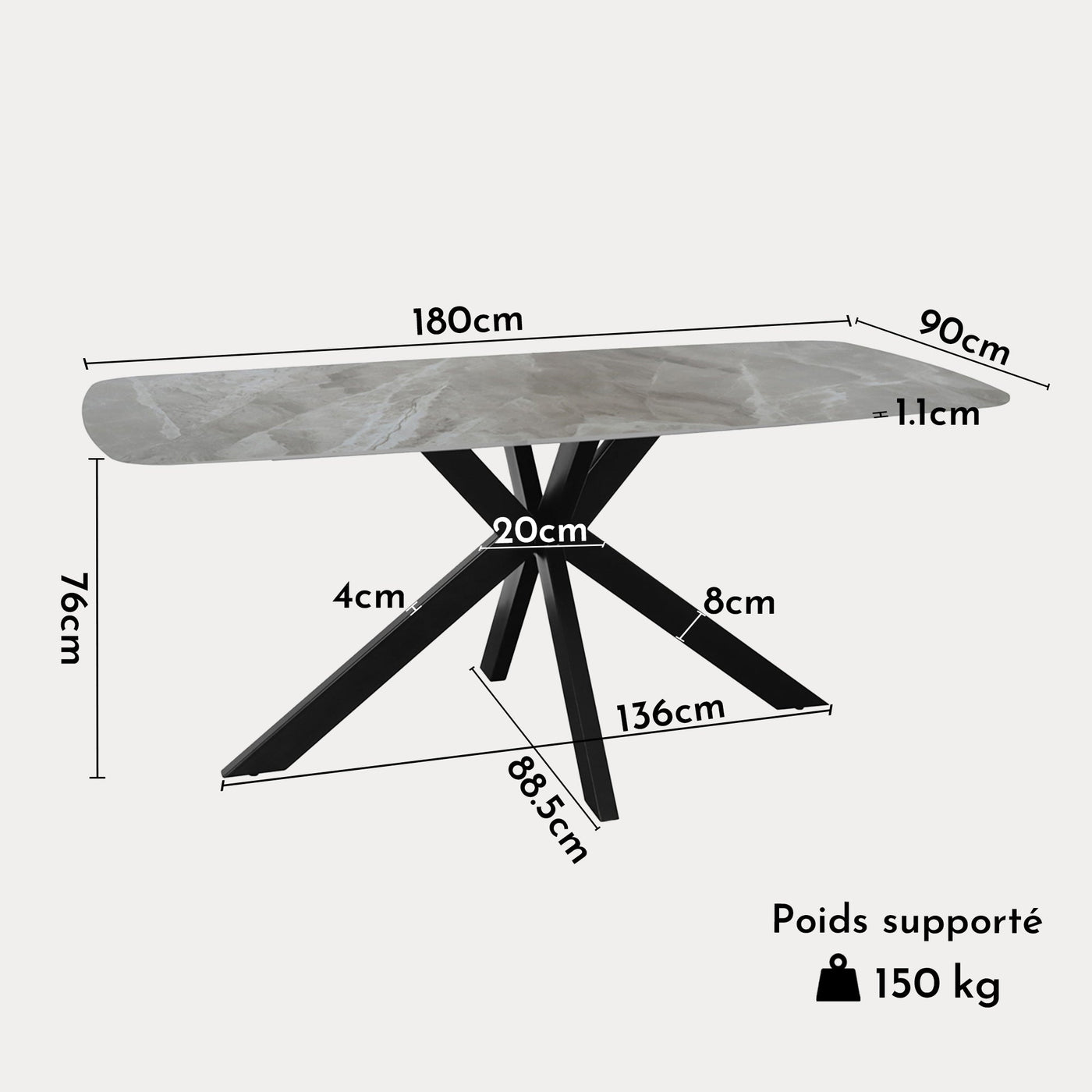 ZELIANA Table à manger pierre brillant gris pieds métal noir - Table à manger - Mobilier Deco