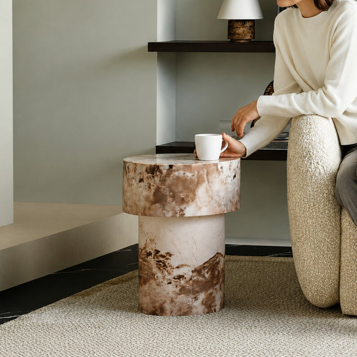 ZENA-39 Table d'appoint ronde en marbre d'ingénierie beige et marron D39 cm – Table basse Mobilier Deco