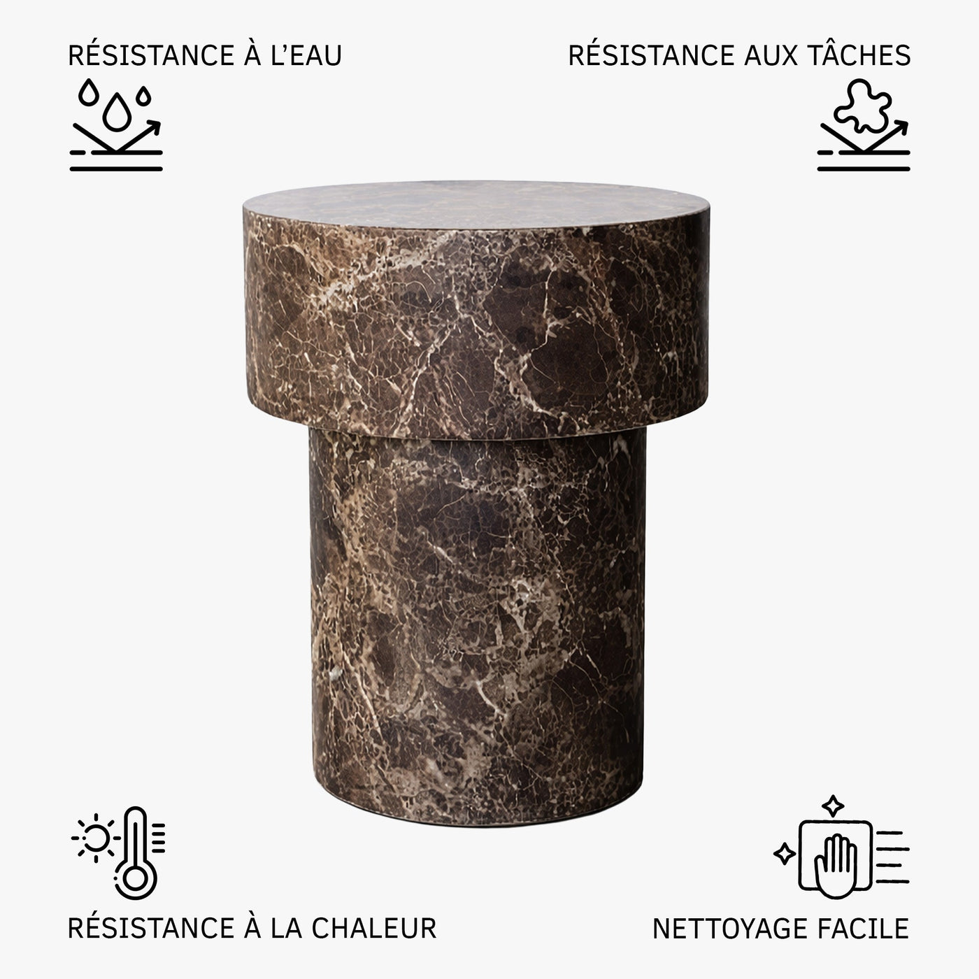 ZENA-39 Table d'appoint ronde en marbre d'ingénierie marron D39 cm - Table basse - Mobilier Deco
