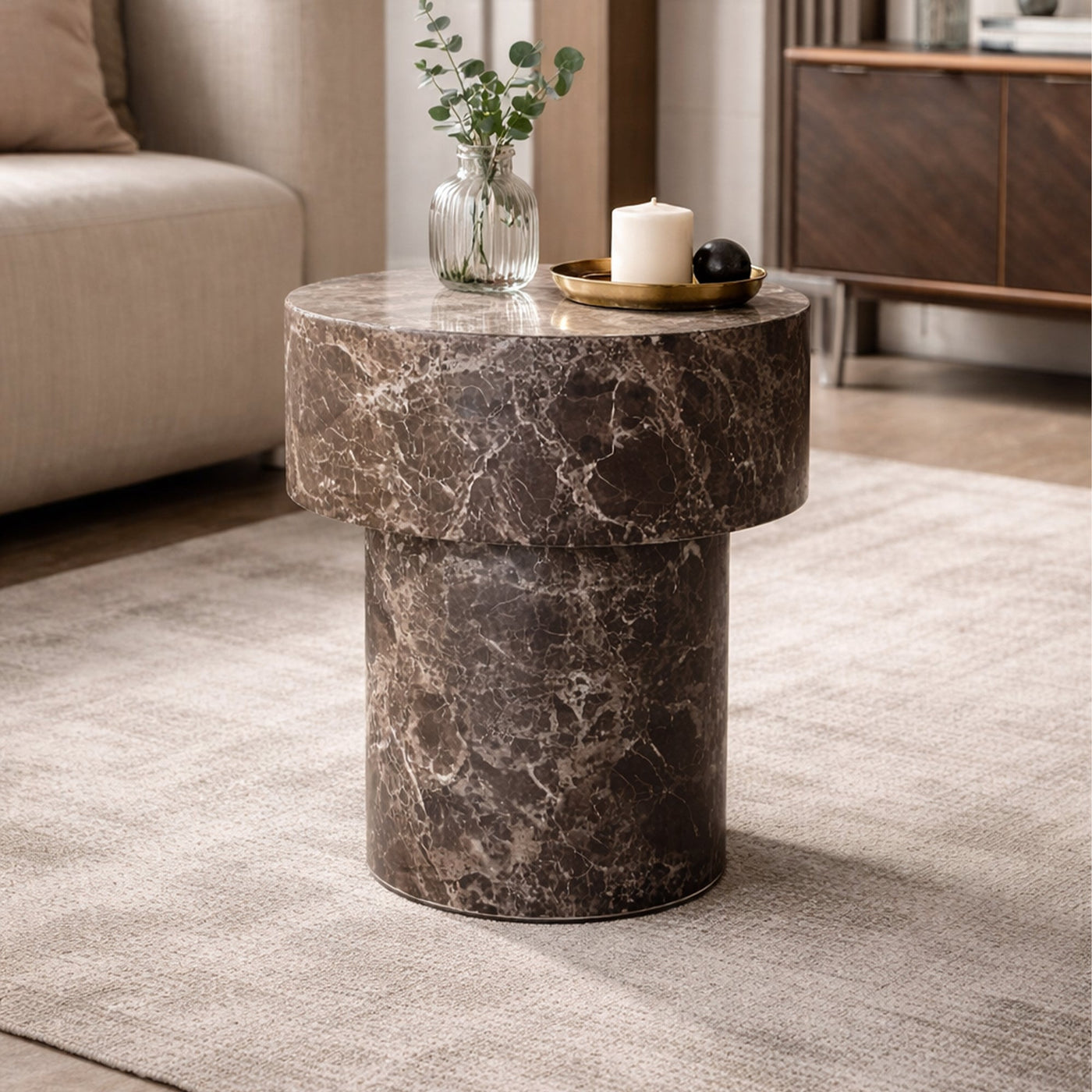 ZENA-39 Table d'appoint ronde en marbre d'ingénierie marron D39 cm - Table basse - Mobilier Deco