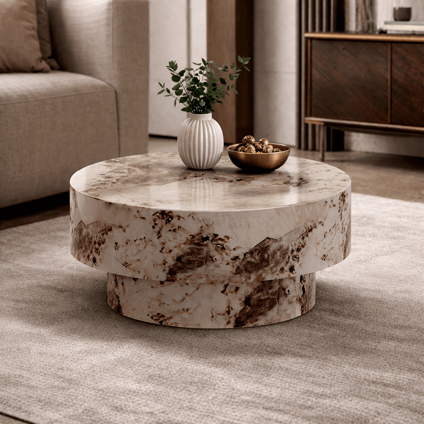 ZENA-70 Table basse ronde en marbre d'ingénierie beige et marron D70 cm - Table basse - Mobilier Deco